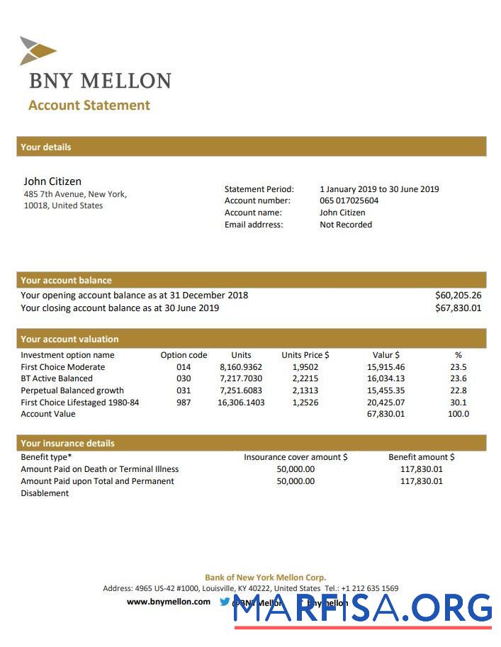 Downloadable USA Bank of New York Mellon proof of address bank statement word real example